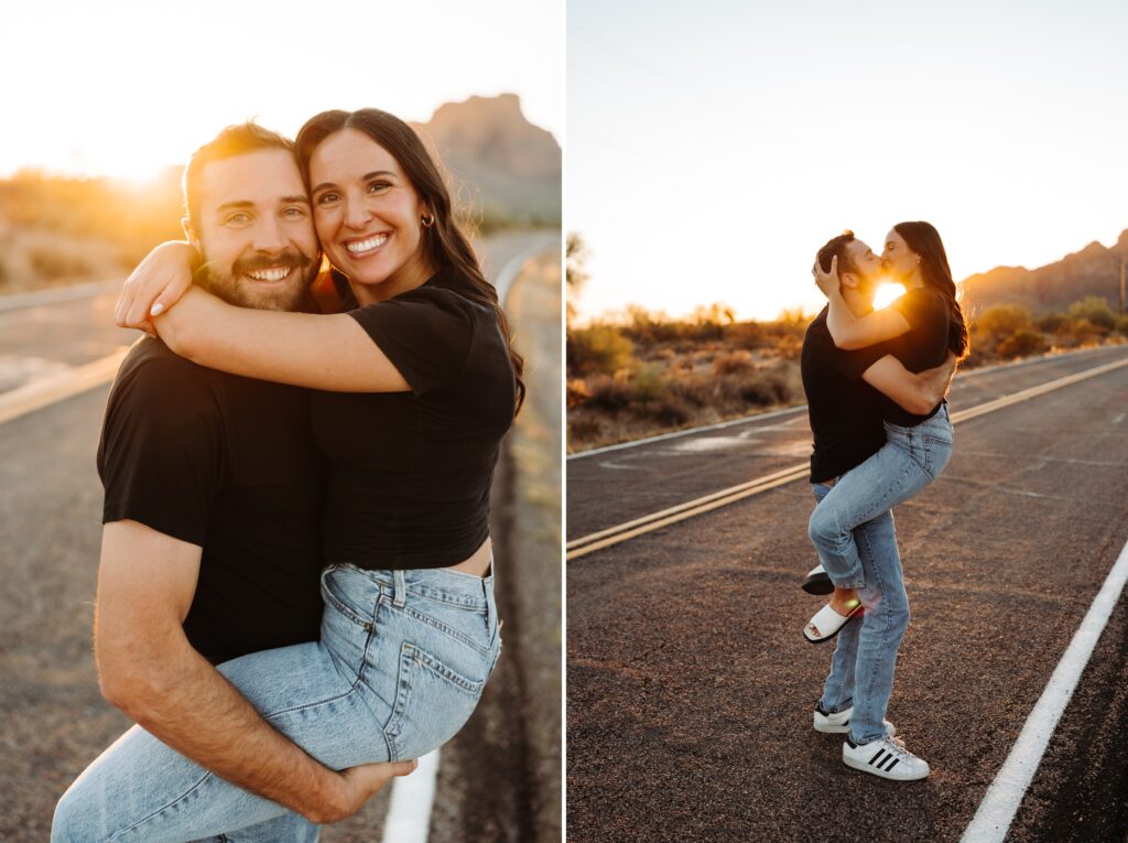 Guy picking up girl and kissing at sunset