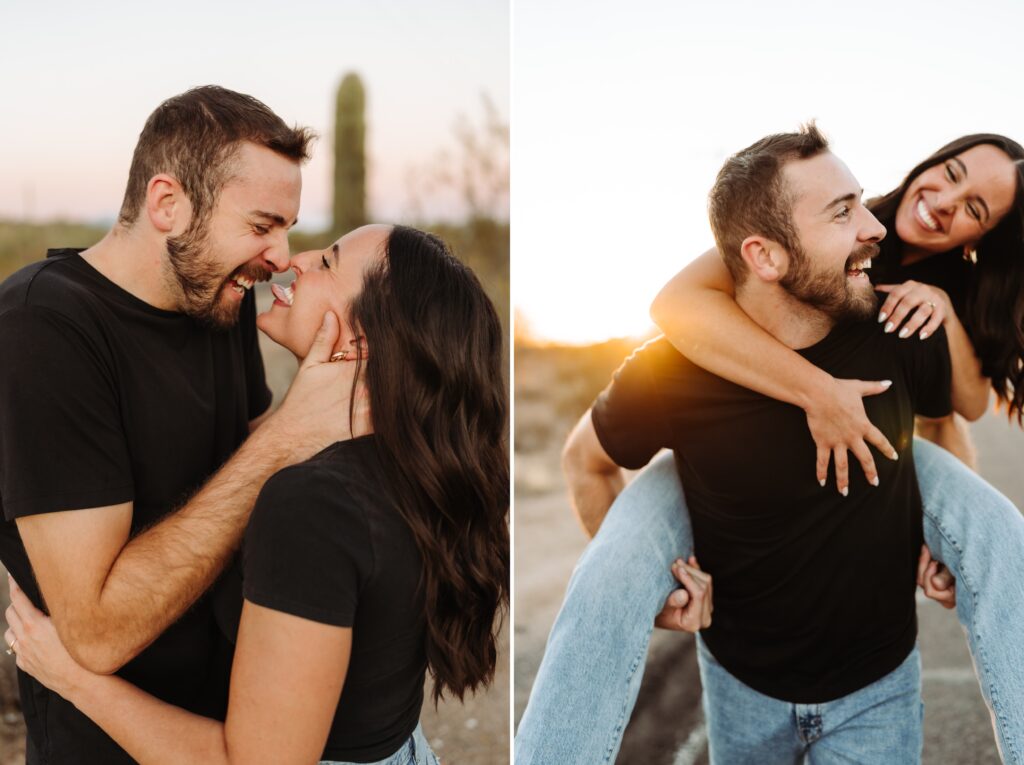 Couple acting goofy. Guy giving the girl a piggy back ride.